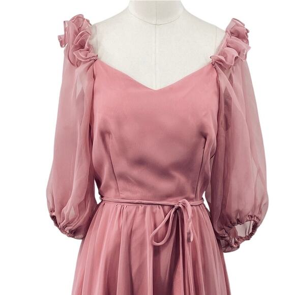 Vintage 70s Chiffon Puff Sleeve Ruffle Off Shoulder Midi Dress Fit Flare Pink 4 - Picture 2 of 10